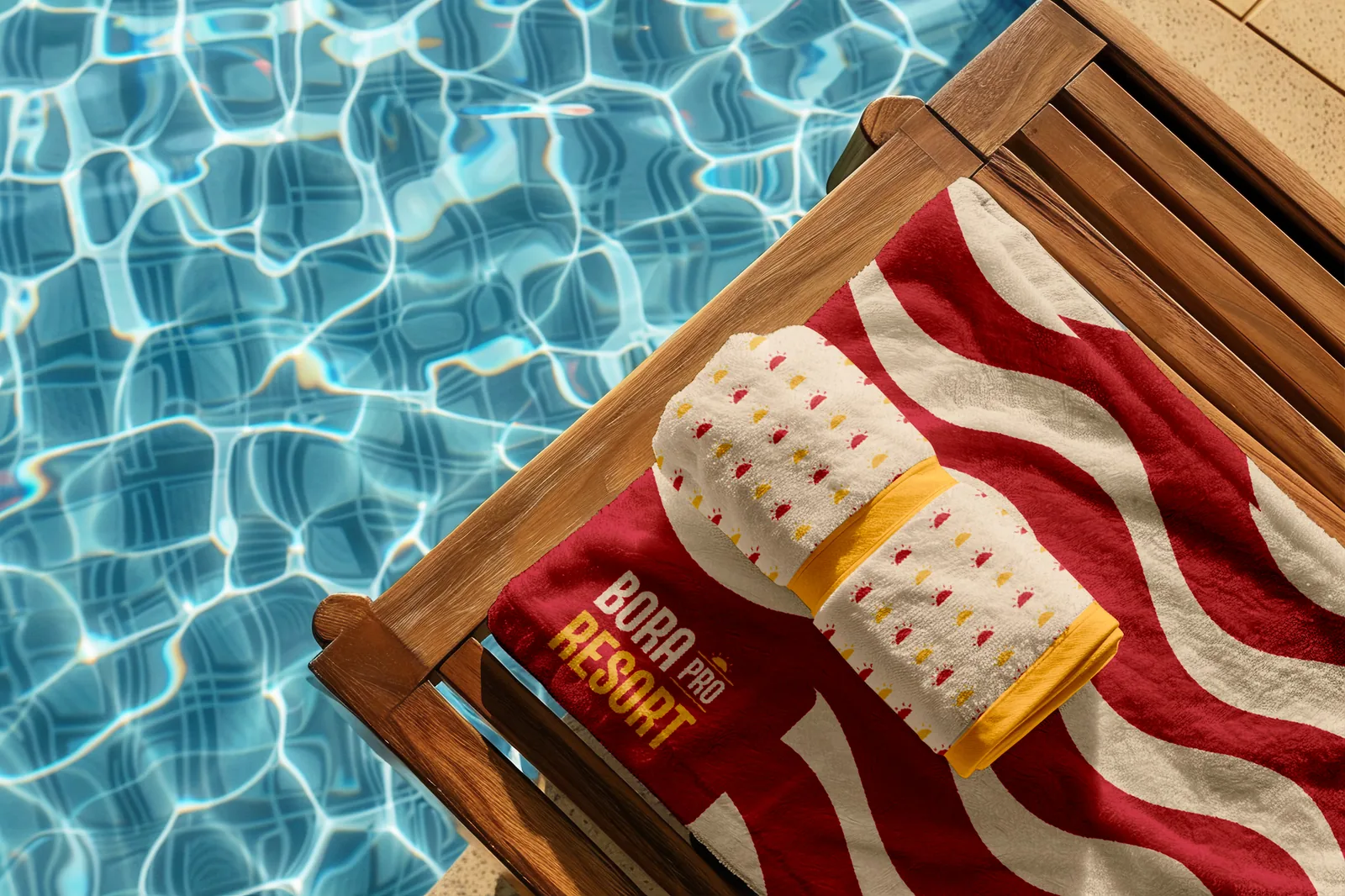 Toalha Bora Pro Resort em cadeira à beira da piscina